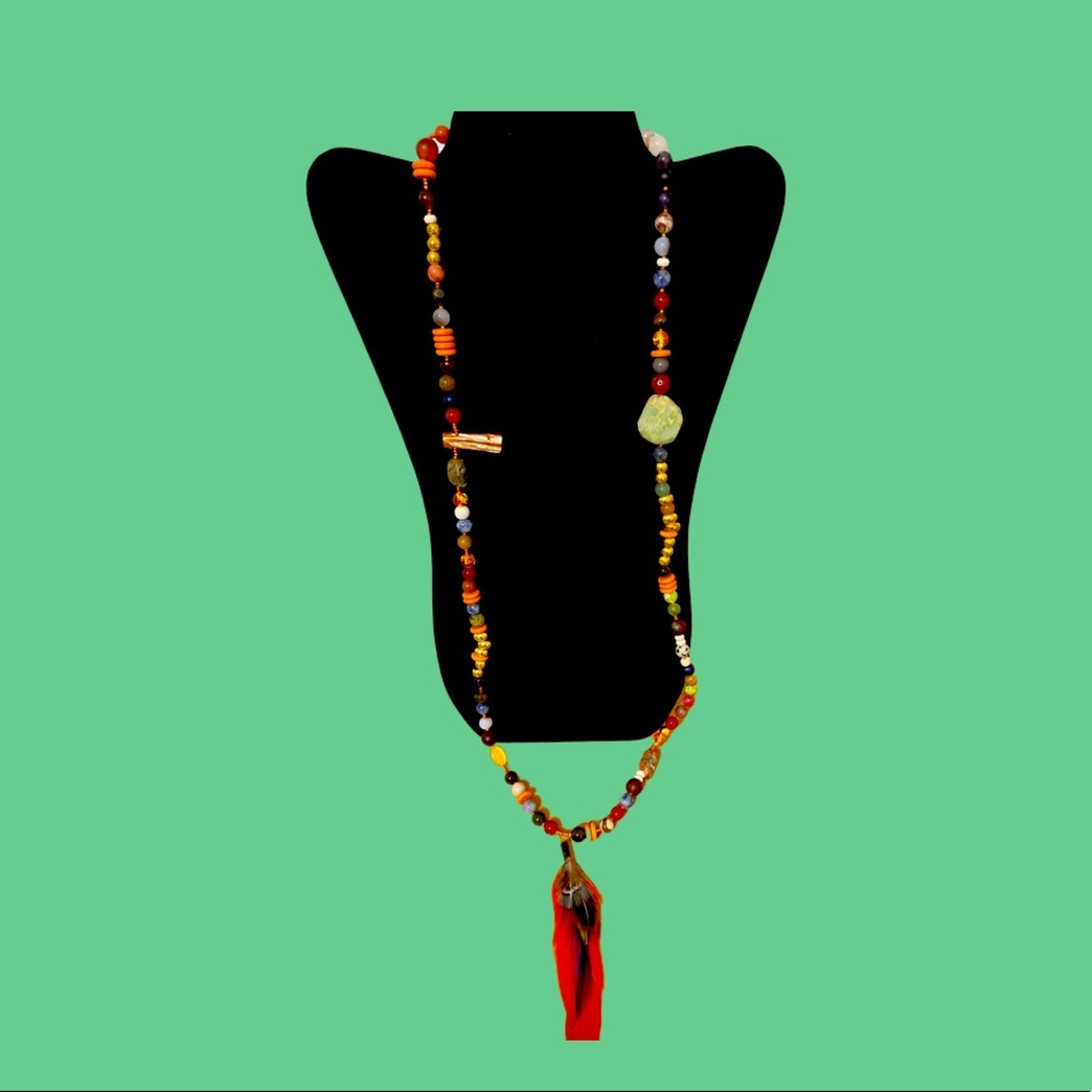 Multi color beads with feather pendant necklace